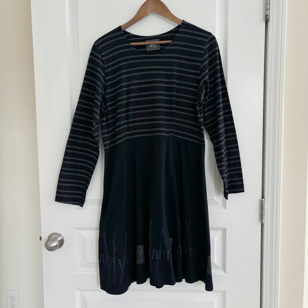 Blue Fish Vintage Art-to-Wear Striped A-Line Dress Small Black